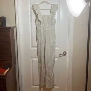 BCBGeneration Pinstripe Ruffle Jumpsuit 8 Cream